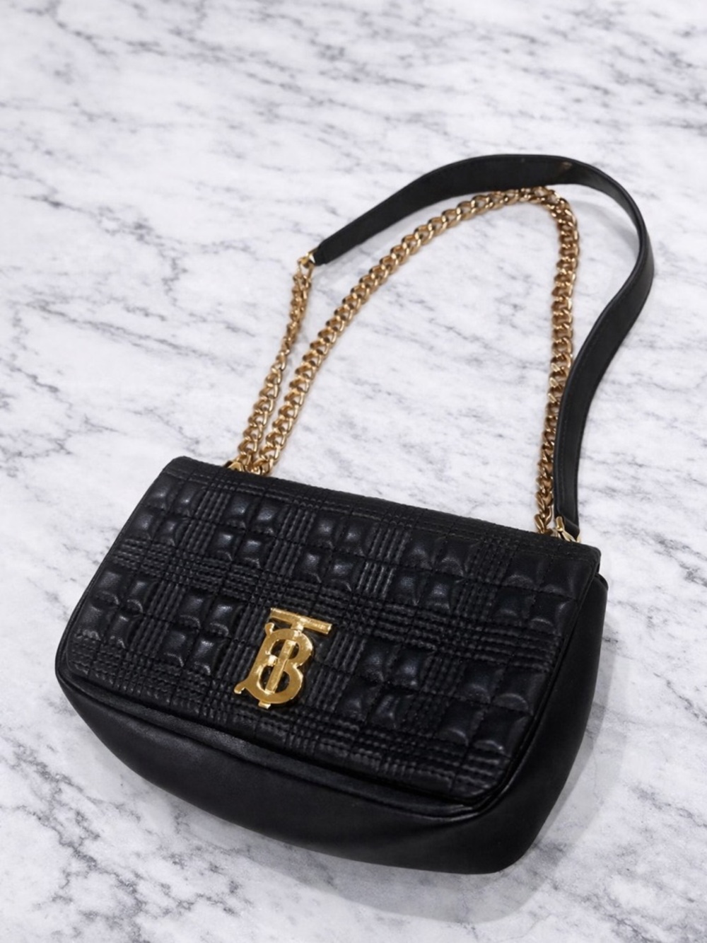 Black Quilted Shoulder Bag with Gold Chain & Logo